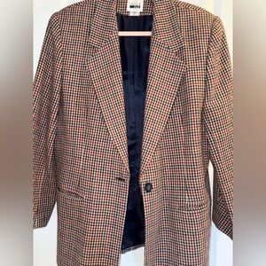 Houndstooth Wool Blend Blazer - Size 12 - Navy Red & Tan - Relaxed Fit